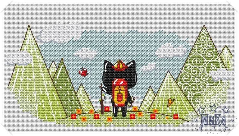 May include: A black cat with a red backpack and a hat is hiking in the mountains. The cat is surrounded by green mountains, a blue sky, and white clouds. There are red flowers and a butterfly in the scene. The text "Мика" is in the bottom right corner of the image.