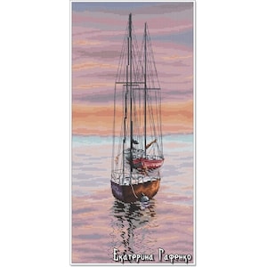 Boats. Pink sunset, DMC Cross Stitch Chart Needlepoint Pattern Embroidery Chart Printable PDF Instant Download