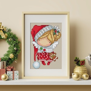 Puppe Santa Girl (091), Serie MINI magic__dolls DMC Kreuzstichdiagramm, Nadelspitzenmuster, Stickdiagramm, druckbares PDF, sofortiger Download
