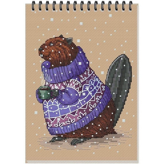 Stitch Design Needlepoint Beaver series by Julia Selina\u2019s illustrations AnimalInSweatersAndWithMug| Stitching Embroidery Kits