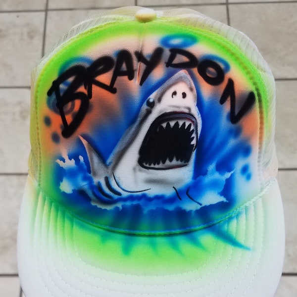 Custom Personalized Airbrush Great White Shark Beach Vacation Trucker Hat one size adjustable Airbrushed Party Birthday Gift