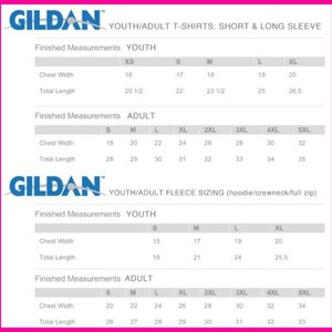 May include: A white graphic with sizing charts for Gildan youth and adult t-shirts and fleece apparel. The chart includes chest width and total length measurements in inches for various sizes, from XS to 5XL.