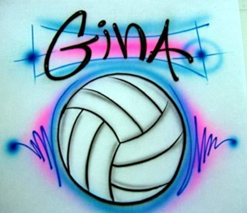 May include: A white volleyball with black lines, surrounded by blue and pink paint splatters. The word "GINA" is written in black cursive above the volleyball.