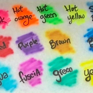 May include: A collection of colorful paint swatches, each with a handwritten color name. Colors include Hot Pink, Hot Orange, Hot Green, Hot Yellow, Sky Blue, Red, Purple, Brown, Blue, Aqua, Fuscia, Green, and Yellow.