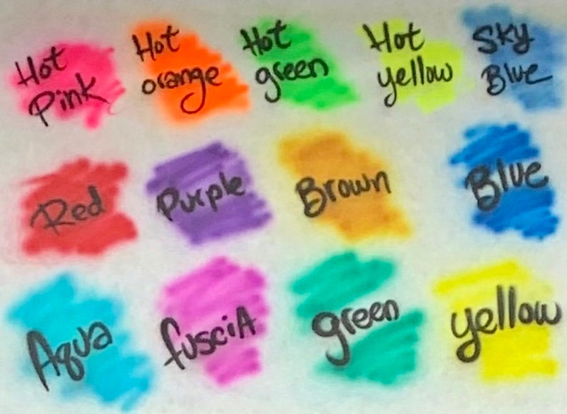 May include: A collection of colorful paint swatches, each with a handwritten color name. Colors include Hot Pink, Hot Orange, Hot Green, Hot Yellow, Sky Blue, Red, Purple, Brown, Blue, Aqua, Fuscia, Green, and Yellow.
