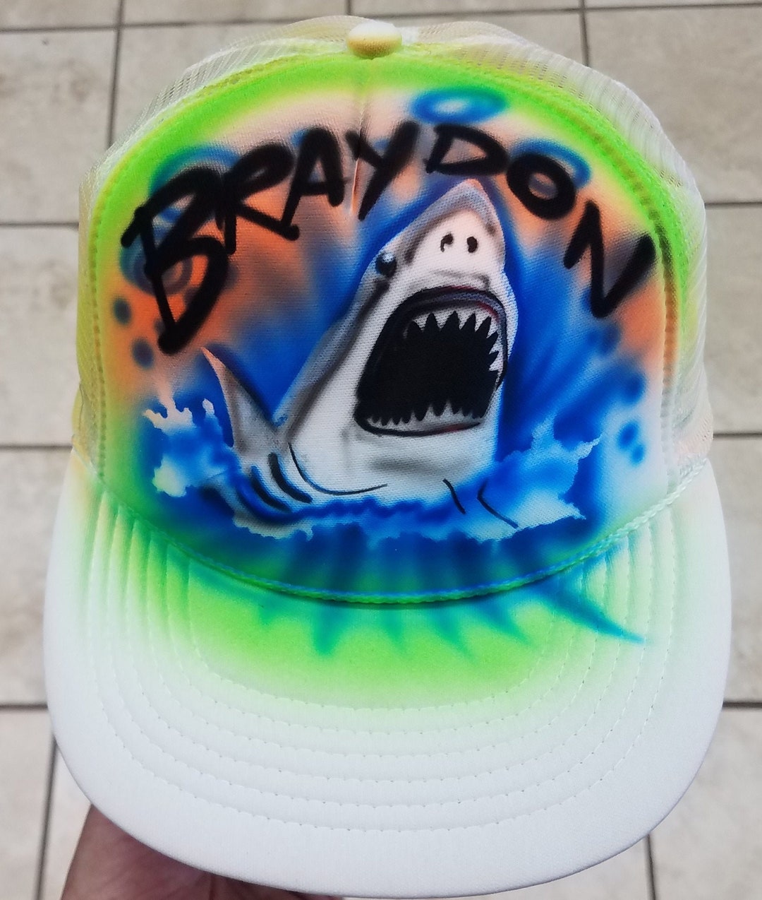 Custom Personalized Airbrush Great White Shark Beach Vacation Trucker ...