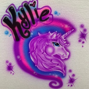 Airbrush 80&#39;s UNICORN Custom Personalized T Shirt - Baby One Piece - Hoodie Hooded Sweatshirt - Airbrushed Name