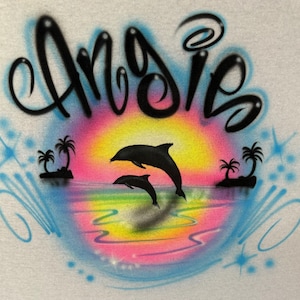 Dolphin Beach Scene Airbrush Vacation T shirt - Baby One Piece - Hoodie Sweatshirt - Airbrushed Custom Personalized Name Tshirt