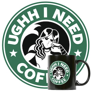 May include: A black coffee mug with a green and white logo that says "UGHH I NEED COFFEE" with a cartoon woman in the center. The mug is on a white background.