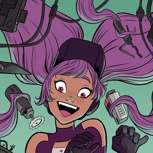 Pode incluir: Uma ilustração de desenho animado de uma mulher com cabelo roxo longo, usando um capacete preto e um traje roxo e branco. Ela está cercada por várias ferramentas e fios, incluindo uma furadeira, uma serra e uma chave inglesa. O fundo é de cor verde claro.