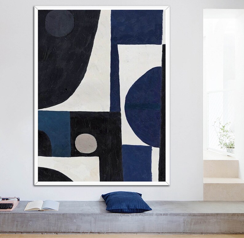 Black White blue Abstract Painting Large Wall Art Etsy