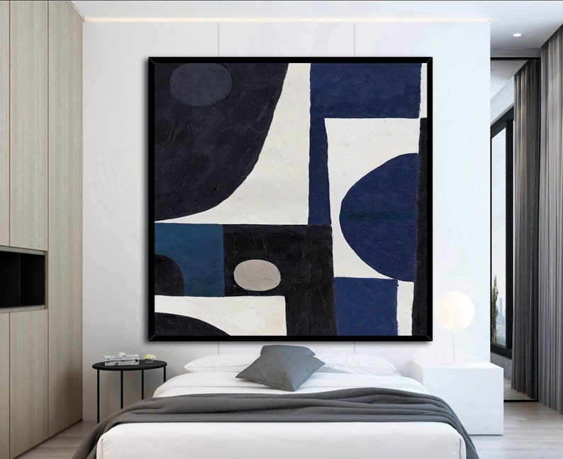 Black White blue Abstract Painting Large Wall Art Etsy