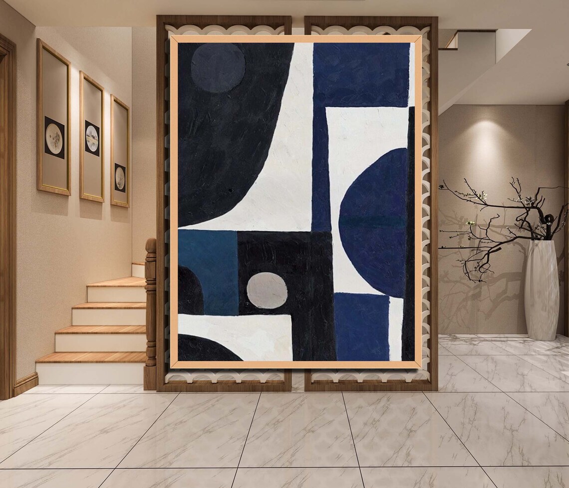 Black White blue Abstract Painting Large Wall Art Etsy