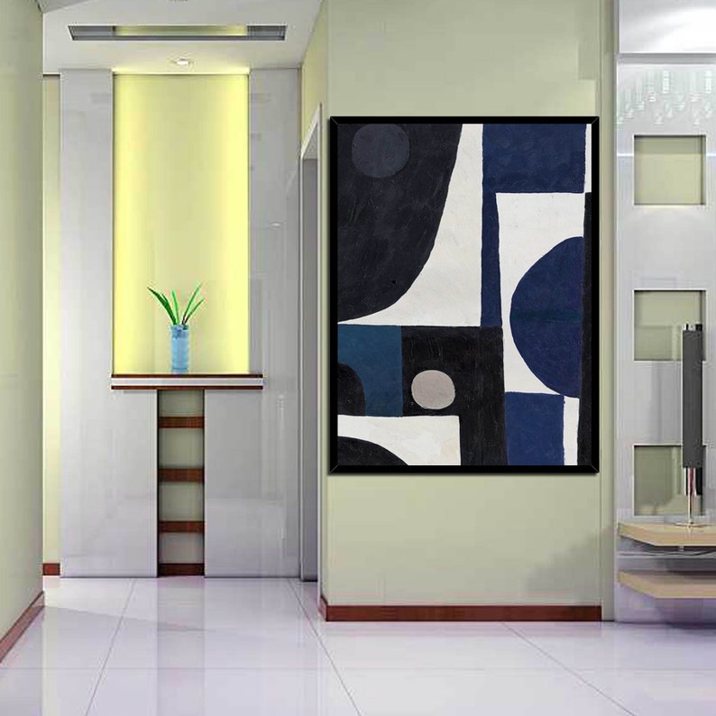 Black White blue Abstract Painting Large Wall Art Etsy