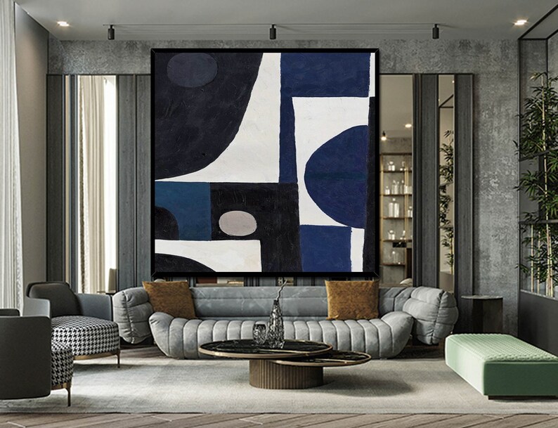 Black White blue Abstract Painting Large Wall Art Etsy