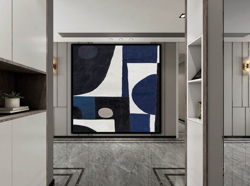 Black White blue Abstract Painting Large Wall Art Etsy
