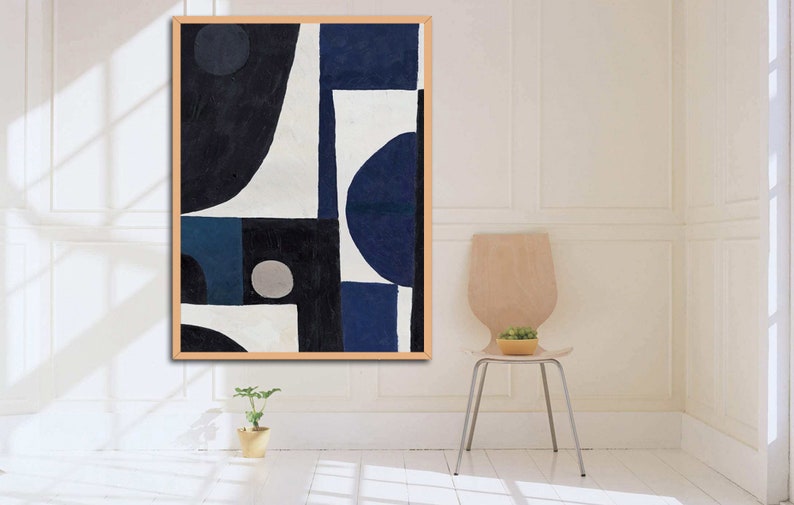 Black White blue Abstract Painting Large Wall Art Etsy