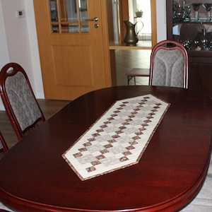 Può includere: Un tavolo da pranzo ovale in legno scuro con un runner a fantasia. Il runner presenta un motivo geometrico ripetuto nelle tonalità del beige e del marrone. Sono visibili due sedie con schienali a fantasia.