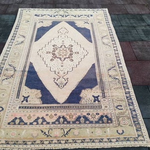 Vintage Rug 8 ft x 4.8 ft Turkish Rug, Area rug Oushak Rug ,Hand woven Rug, Persian Rug , Floor rugs muted rug  Hand Made Carpet , Blue rug