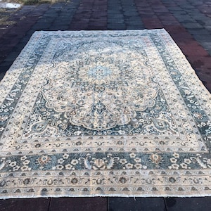 Turkish Rug 12x8.5 Oushak Natural Rug Decorative Blue Rug Area rug Vintage Large Rug Turkish Rug Woven Rug For living room Rug Hand Made Rug