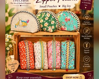 May include: Seven quilted zipper pouches in various floral and patterned fabrics. Three semi-circular pouches sit on top, while four rectangular pouches stand upright in a wooden crate. Text includes TH.Crafts, Handmade Quilted Zipper Pouches, Small Pouches Big Joy, and Shop Now.