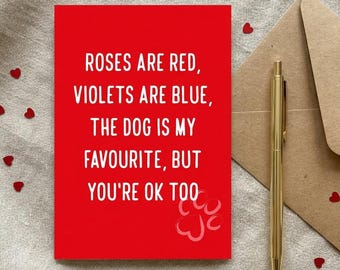 Tarjeta de San Valentín, para amantes de los perros, poema divertido, cartulina brillante tamaño A5.