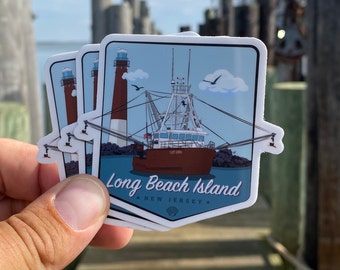 May include: Three sticker sheets featuring a vintage-style illustration of a fishing boat with a lighthouse in the background. The text "Long Beach Island, New Jersey" is printed on the sticker.
