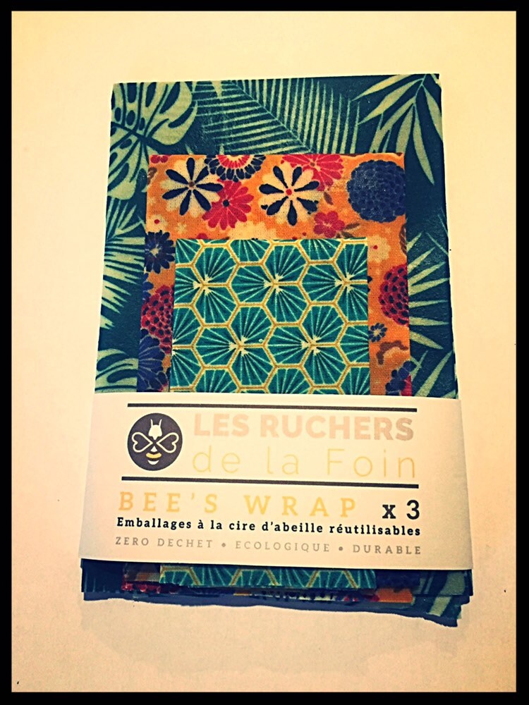 Lot de 3 Emballages Alimentaires Réutilisables Cire d'abeille/Tissu Oekotex/Zerodechet/Beewrap