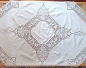 Vintage Embroidered Tablecloth, Handmade Table cloth White color Cotton and Linen with crochet lace, Table topper