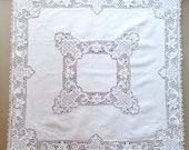 Vintage Embroidered Small Tablecloth, Handmade Table cloth White color Cotton and Linen with crochet lace, Table topper