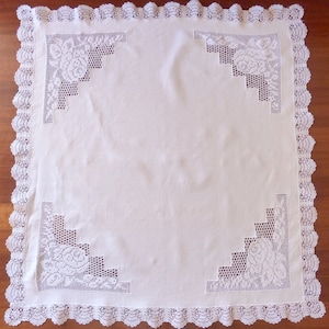 Vintage Embroidered Small Tablecloth, Handmade Table cloth, White cotton and linen cloth with crochet lace, Table topper