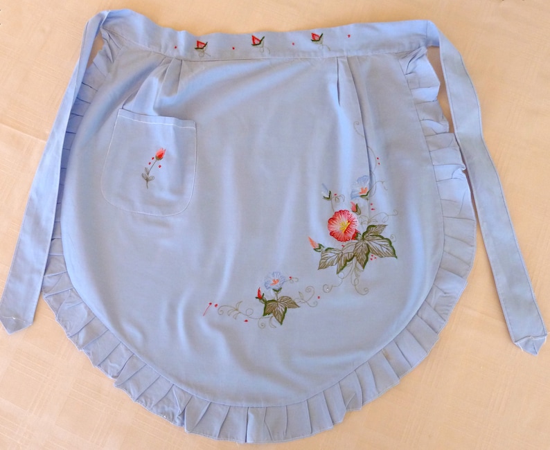 Vintage Embroidered light blue cotton apron with flowers and pocket