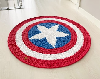 Captain America Crochet Rug, Superhero rug, rug for a boy, baby room rug, Crochet round rug, crochet hero rug