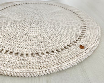 Beige Round crochet rug, Boho Knitting rug for bedroom, Gift for housewarming