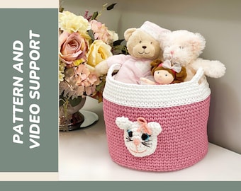 Crochet Basket Pattern with Kitten, Nursery Storage Basket, Kids Room Decor, Video Included, PDF Download