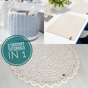 Niedrigerer Preis !! 3 Häkelanleitungen zum Preis von 2!! Häkelkörbchen + Häkeldeckchen + Häkeldecke