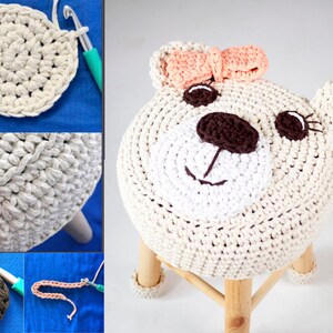 May include: A handmade, cream-colored crochet bear stool with a round seat and wooden legs. The bear face features a brown nose, eyes, and a peach-colored bow. Crochet details are visible in the close-up shots.