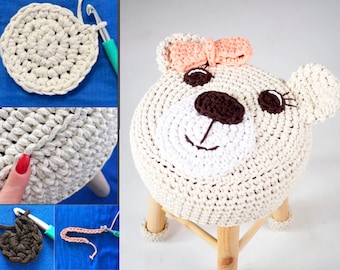 Crochet Bear Stool Cover Pattern, Nursery Decor, Kids Room Furniture, Animal Crochet, PDF Download