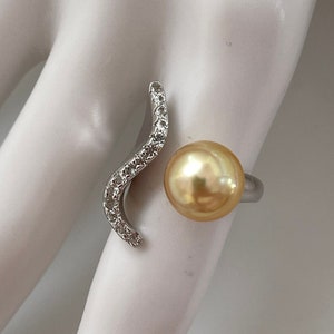 10mm Golden South Sea Cultured Pearl &quot;The Wave&quot; Ring with White Topaz accent
