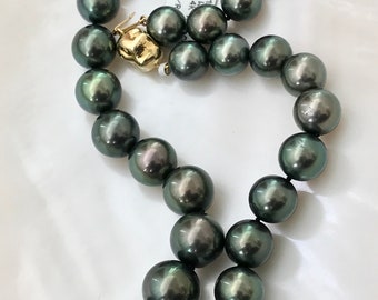 11.8-15.5mm Museum Quality Round AAAA High Luster Peacock Natural Color Tahitian Cultured Pearl Strand with 14k Yellow Gold Clasp