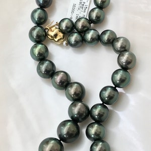 11.8-15.5mm Museum Quality Round AAAA High Luster Peacock Natural Color Tahitian Cultured Pearl Strand with 14k Yellow Gold Clasp