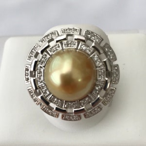 11mm  High Luster Golden South Sea Cultured Pearl Ring with White Topaz