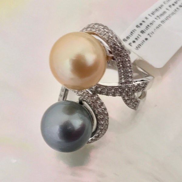 Dual Cultured Pearl Ring. 11mm Natural Color Golden South Sea Cultured Pearl & Tahitian Cultured Pearl with White Topaz Accent