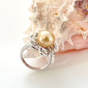 10mm Flower Design Light Golden South Sea Cultured Pearl Ring