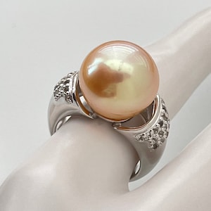 Rare 13mm Natural Color Golden South Sea Cultured Pearl Ring and White Topaz accent