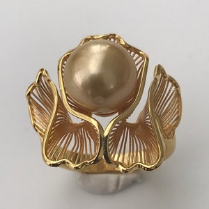 Delicate Ripple 9mm Golden South Sea Cultured Pearl Ring with 18K Gold plating