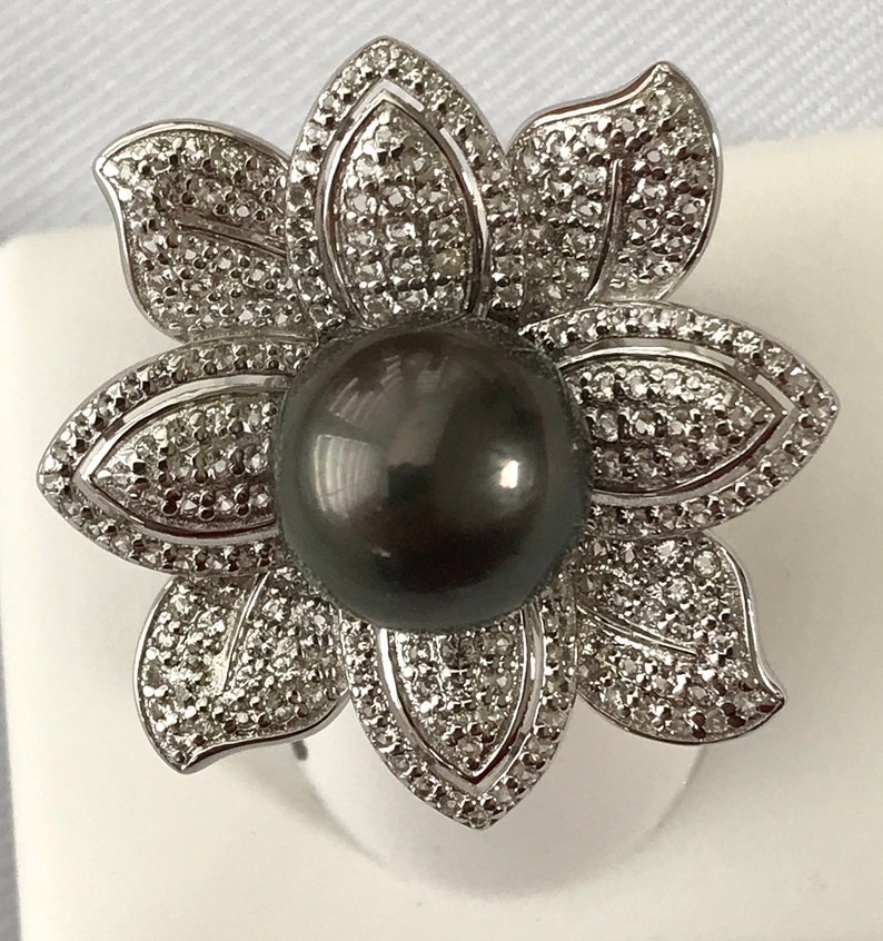 Cultured Tahitian Pearl Ring Floral 12mm Round Natural Colored