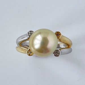 AAA 10-11mm High Luster Champagne South Sea Cultured Pearl Ring in Silver and 18K YG Plated Setting