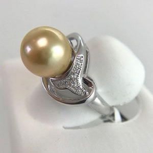 10mm Golden South Sea Cultured Pearl &#39;Whale Tail&#39; Ring with White Topaz