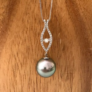 Award Winning Designer One of a Kind 14 mm AAA1 Tahitian Cultured Pearl Pendant with 18k White Gold & Diamonds, with chain
